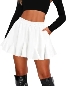 Afibi Women's Pleated Skater Skirt with Pockets High Waisted Ruffles Flared Mini Short Skirts