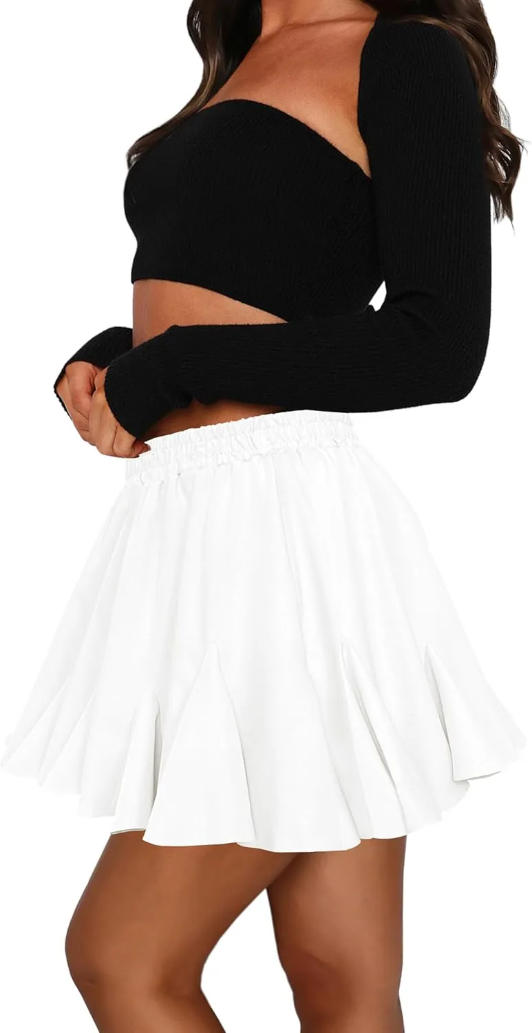 Afibi Women's Pleated Skater Skirt with Pockets High Waisted Ruffles Flared Mini Short Skirts