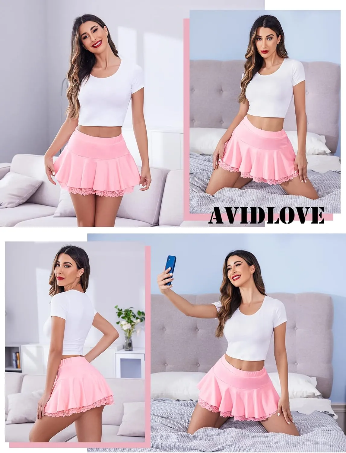 Avidlove Women Pleated Mini Skirt Sexy Lace Ruffle Solid Skirt Lingerie Short Skirts