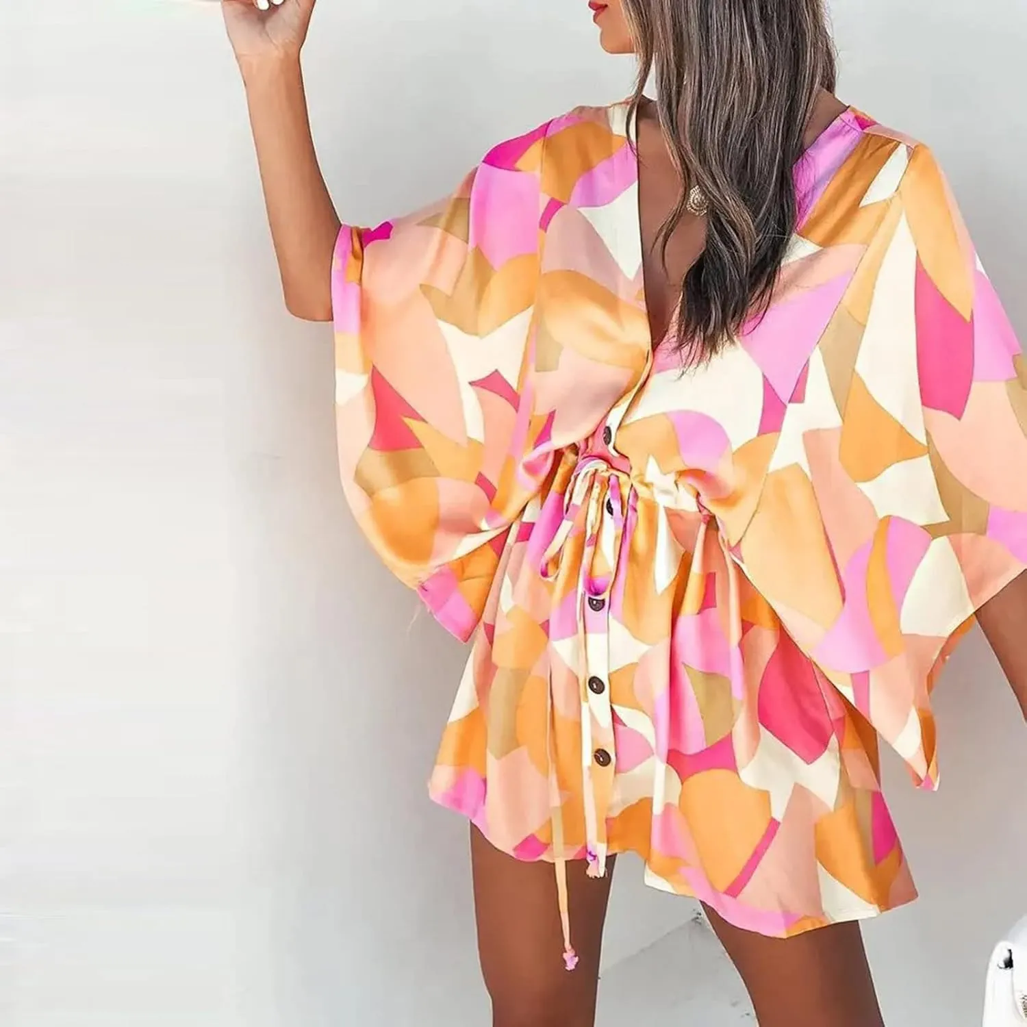 BAXLIMEK Beach Dresses for Women,2025 Elegant Deep V Neck Batwing Sleeve Mini Dress Flowy Ruched Tiered Print Vacation Dress