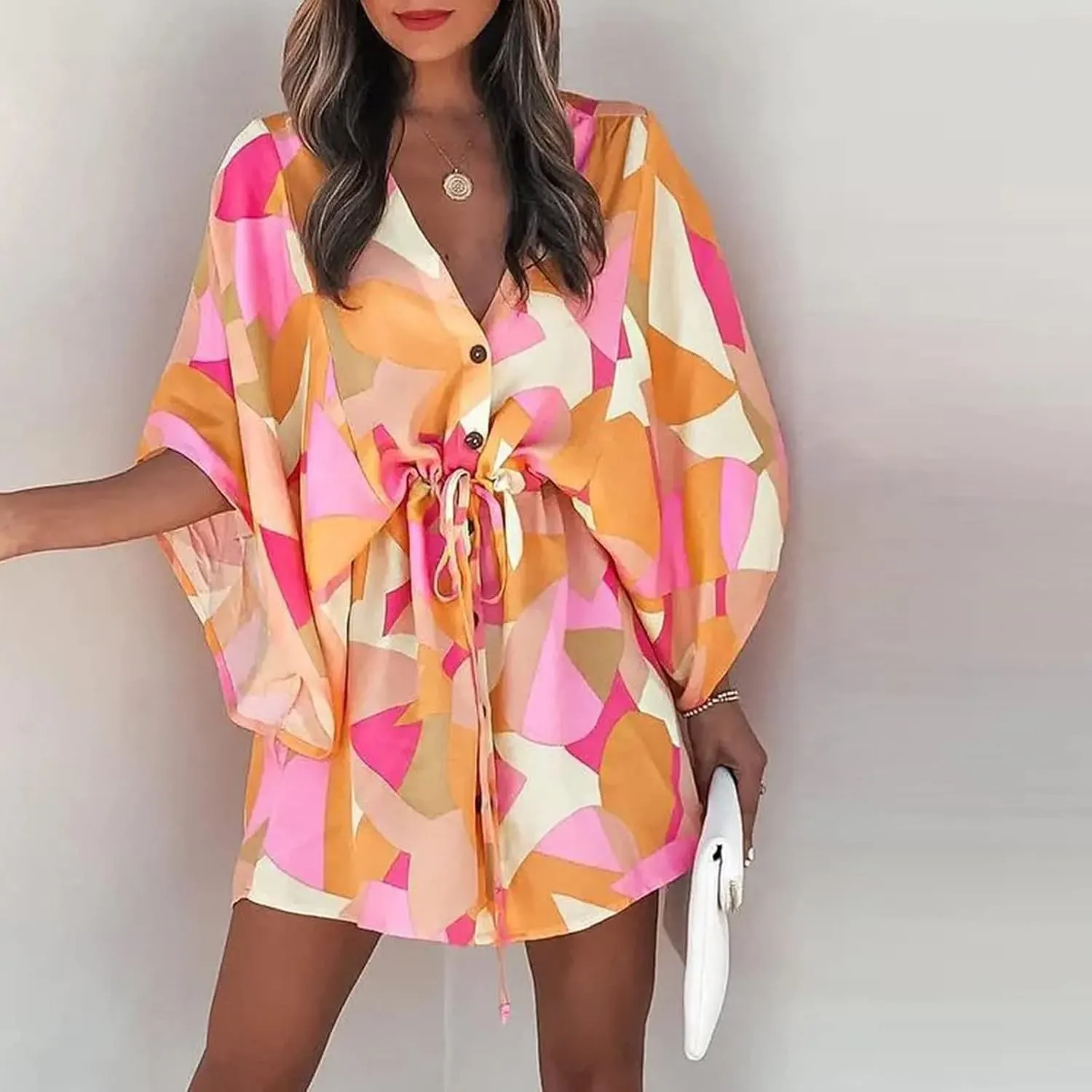BAXLIMEK Beach Dresses for Women,2025 Elegant Deep V Neck Batwing Sleeve Mini Dress Flowy Ruched Tiered Print Vacation Dress