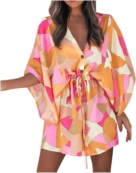 BAXLIMEK Beach Dresses for Women,2025 Elegant Deep V Neck Batwing Sleeve Mini Dress Flowy Ruched Tiered Print Vacation Dress