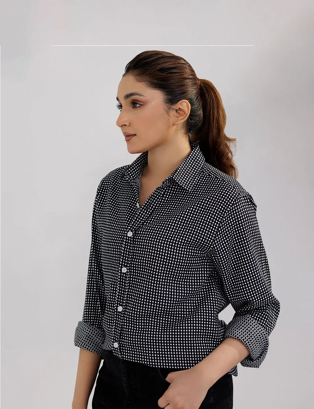 Black Polka Dot Cotton Women Shirt