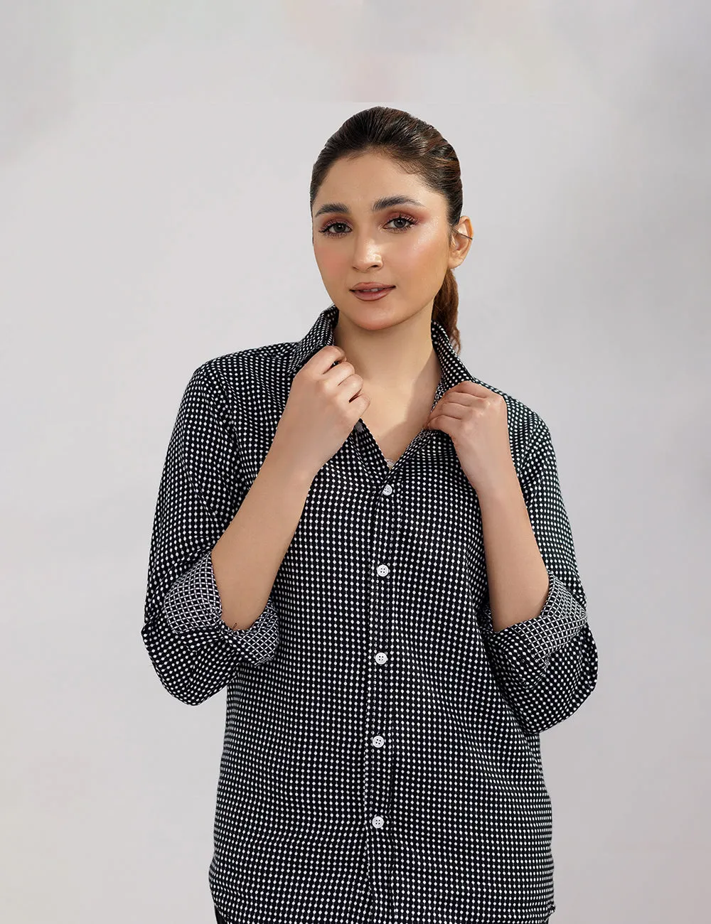 Black Polka Dot Cotton Women Shirt