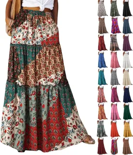 Boho Maxi Skirts for Women 2025 Casual Bohemian Tiered Long Pleated Skirt Hippie High Waisted Aline Beach Flowy Skirt