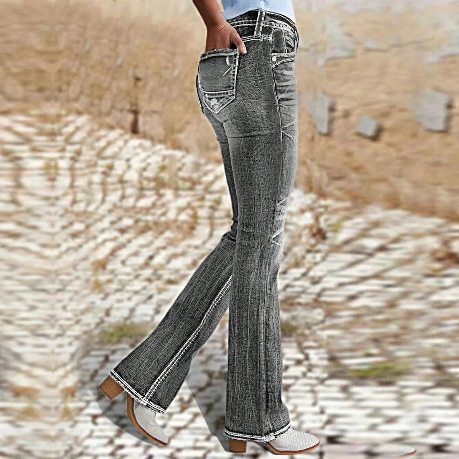 Bootcut Jeans for Women Low Rise Vintage Distressed Jeans 90S Flare Denim Trousers with Pockets Denim Ankle Pants