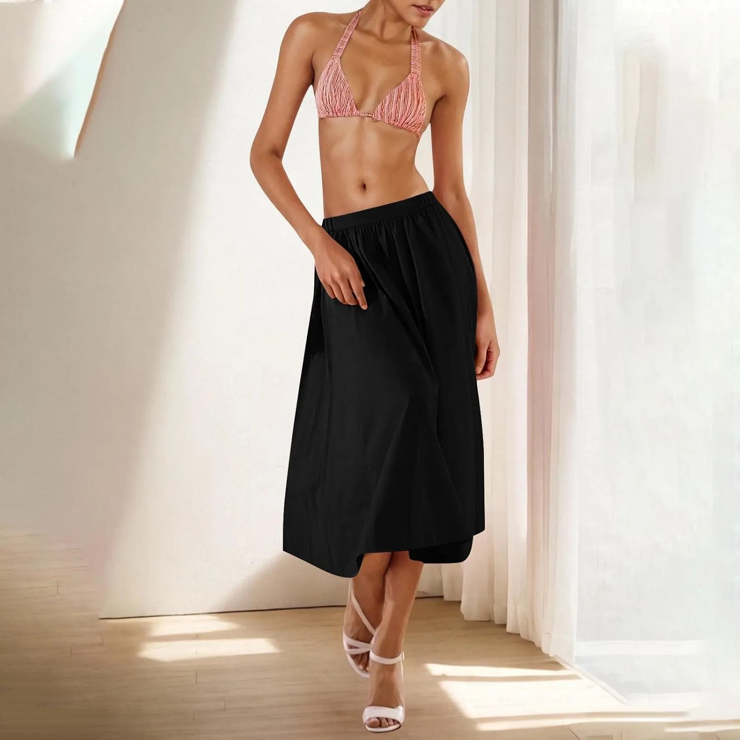 Casual Maxi Skirt for Women Summer Boho Elastic High Waist A-Line Dress Flowy Ruffle Swing Tiered Long Beach Skirt