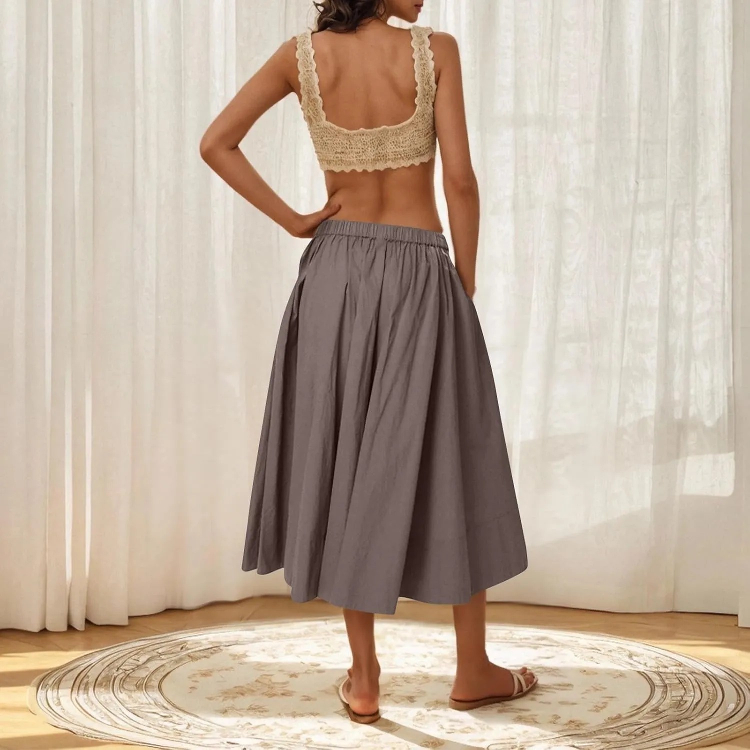 Casual Maxi Skirt for Women Summer Boho Elastic High Waist A-Line Dress Flowy Ruffle Swing Tiered Long Beach Skirt