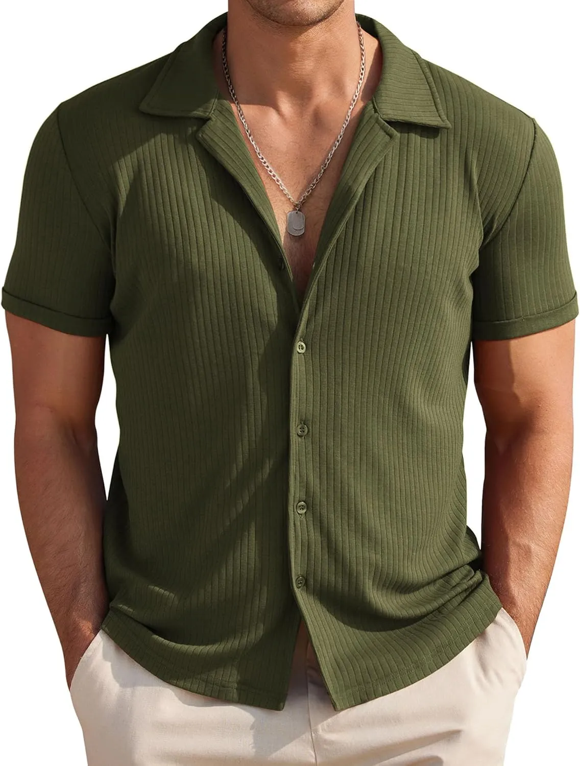 COOFANDY Mens Knit Button Down Shirt Short Sleeve Button Up Shirt Summer Casual Beach Tops