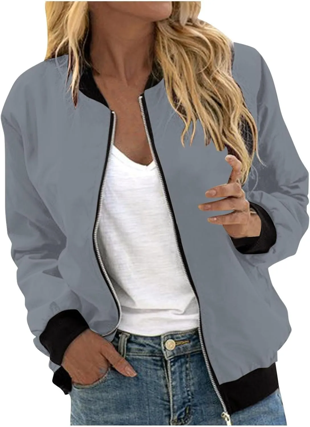 COTECRAM Bomber Jacket Women 2024 Causal Floral Zip Up Coats Long Sleeve Stand Collar Fall Jackets Lightweight Outerwear Tops