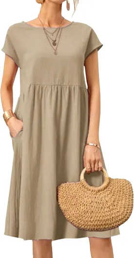 Cotton Dresses for Women Summer Short Sleeve T-Shirt Dress Casual Loose Fit Crewneck Midi Dresses with Pockets