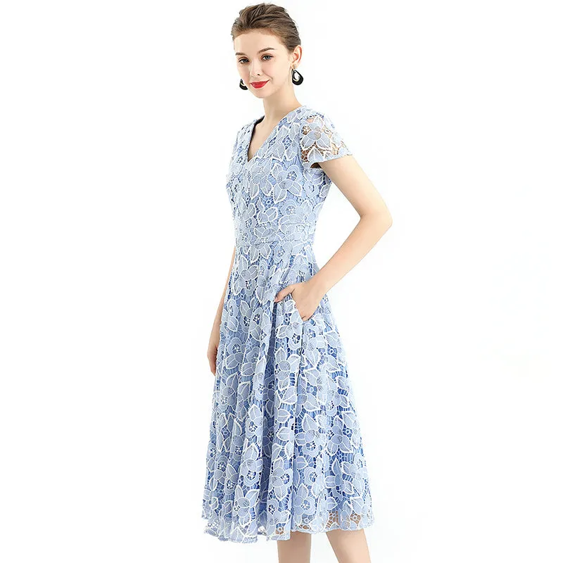 D062-5 Women 2-tone flower cut out lace V neck cap sleeves flared midi evening dress