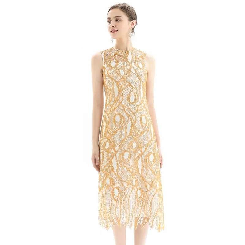 D098-1 Women fashion eyelash lace sleeveless straight-cut party midi dress