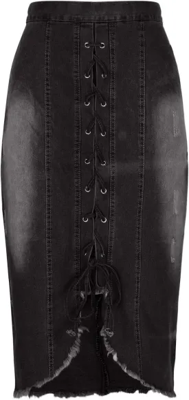 Denim Pencil Skirt Women Lace-up Front Bodycon Jeans Skirt High Waisted Tight Denim Skirts Gothic Punk Frayed Skirts