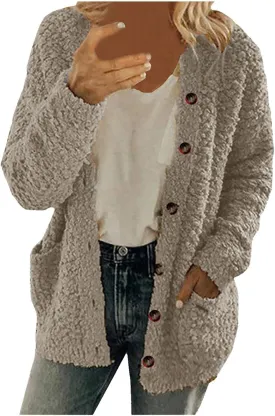 Fleece Jacket Women Button up Fuzzy Long Sleeve Warm Teddy Coats Solid Color Sherpa Jackets Fall Winter Outerwear
