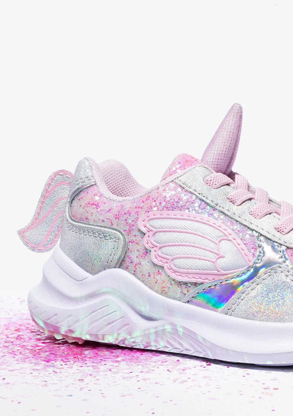 Girl's White Unicorn With Lights Sneakers Metallized