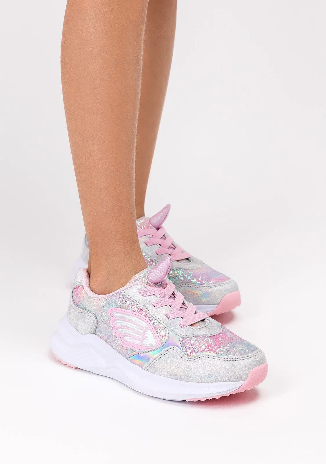 Girl's White Unicorn With Lights Sneakers Metallized