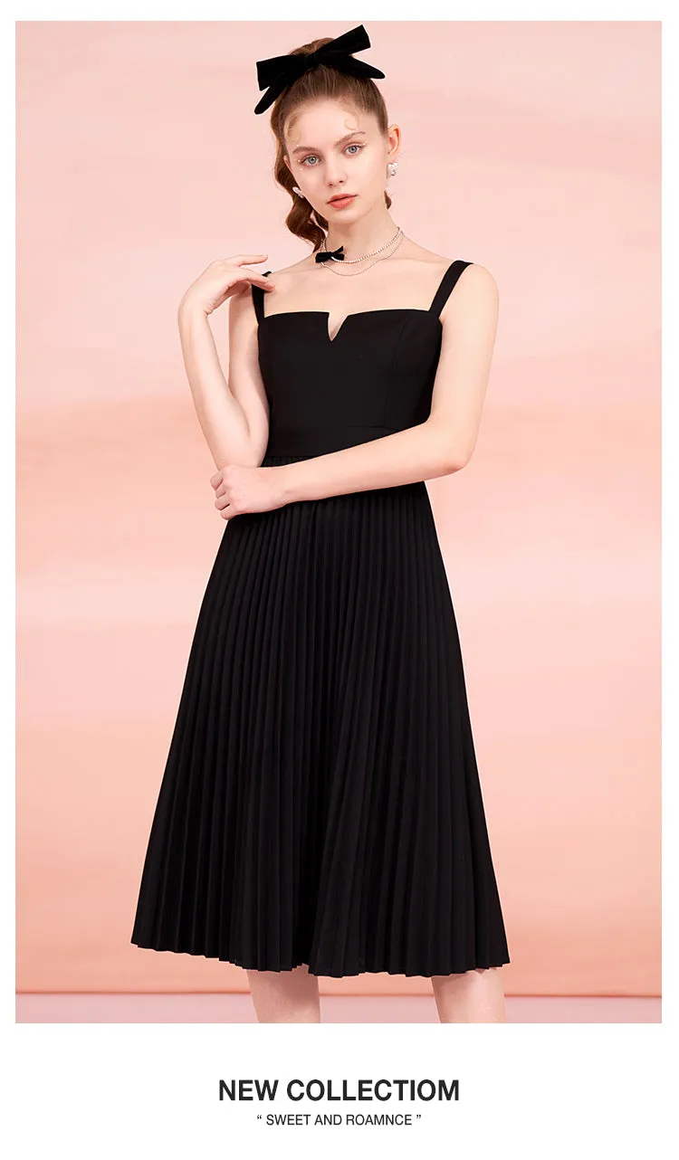 Hepburn style little black dress dress high waist and thin pleated suspender dress - Siabata