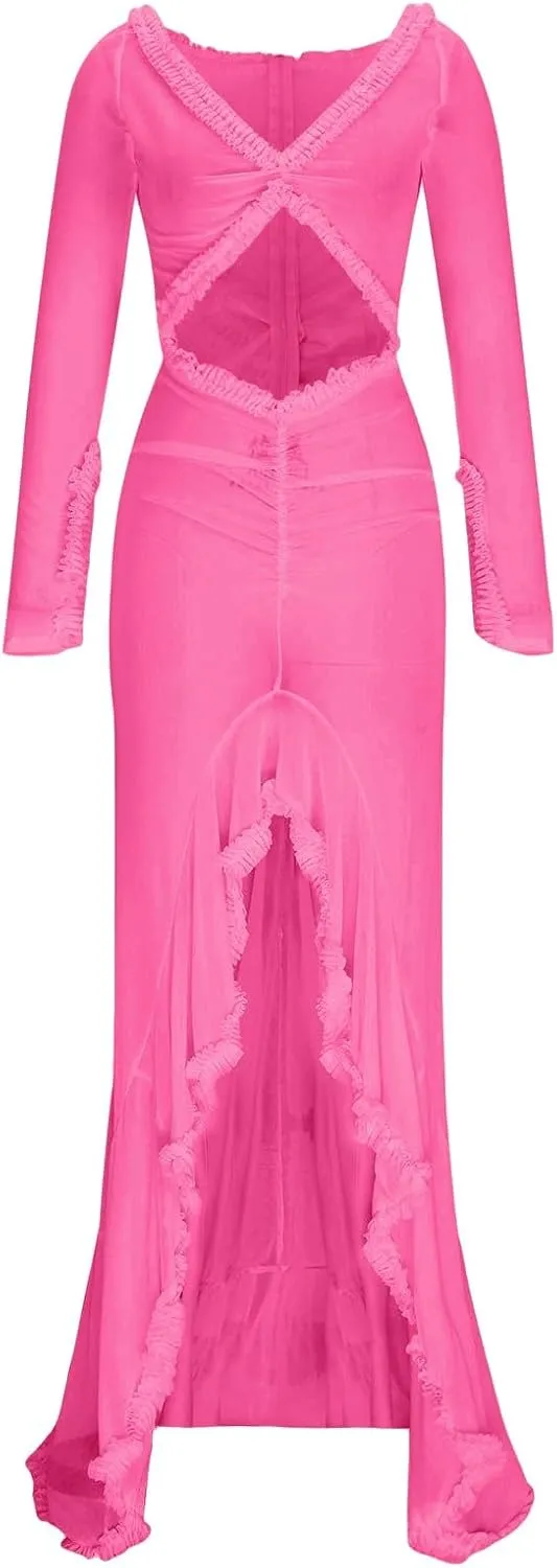 HGps8w Women's Ruffle High Low Mop Dresses Long Sleeve Cut Out Front Flowy Swing Maxi Dress Formal Wedding Party Gown