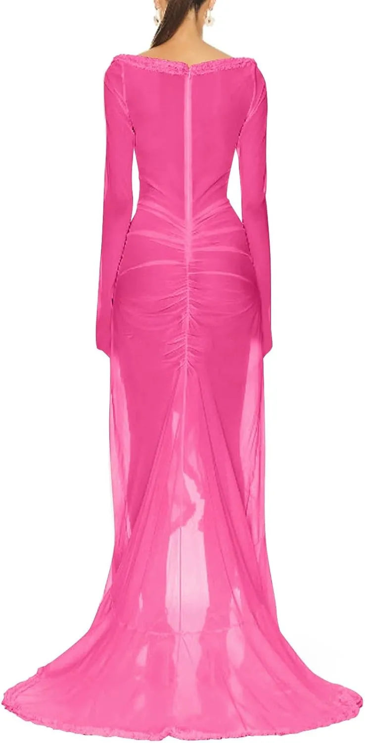 HGps8w Women's Ruffle High Low Mop Dresses Long Sleeve Cut Out Front Flowy Swing Maxi Dress Formal Wedding Party Gown