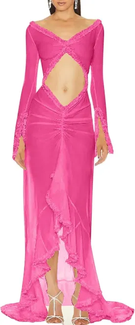 HGps8w Women's Ruffle High Low Mop Dresses Long Sleeve Cut Out Front Flowy Swing Maxi Dress Formal Wedding Party Gown