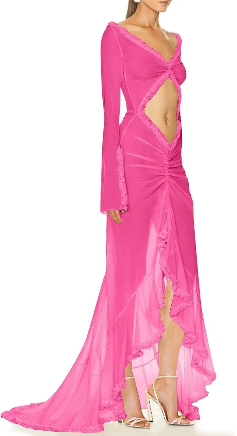 HGps8w Women's Ruffle High Low Mop Dresses Long Sleeve Cut Out Front Flowy Swing Maxi Dress Formal Wedding Party Gown