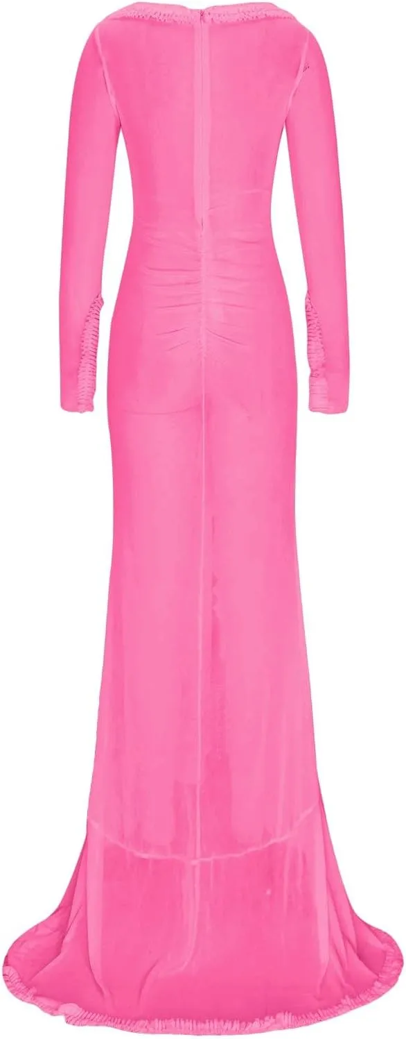 HGps8w Women's Ruffle High Low Mop Dresses Long Sleeve Cut Out Front Flowy Swing Maxi Dress Formal Wedding Party Gown