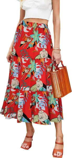 Hibluco Women's Floral Midi Skirts Elastic High Waist A-Line Swing Skirts