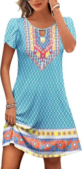 HOTOUCH Women's Casual A-Line Dress with Pockets Summer Beach Floral Tshirt Dress Short Sleeve Mini Dress Flowy Sundresses