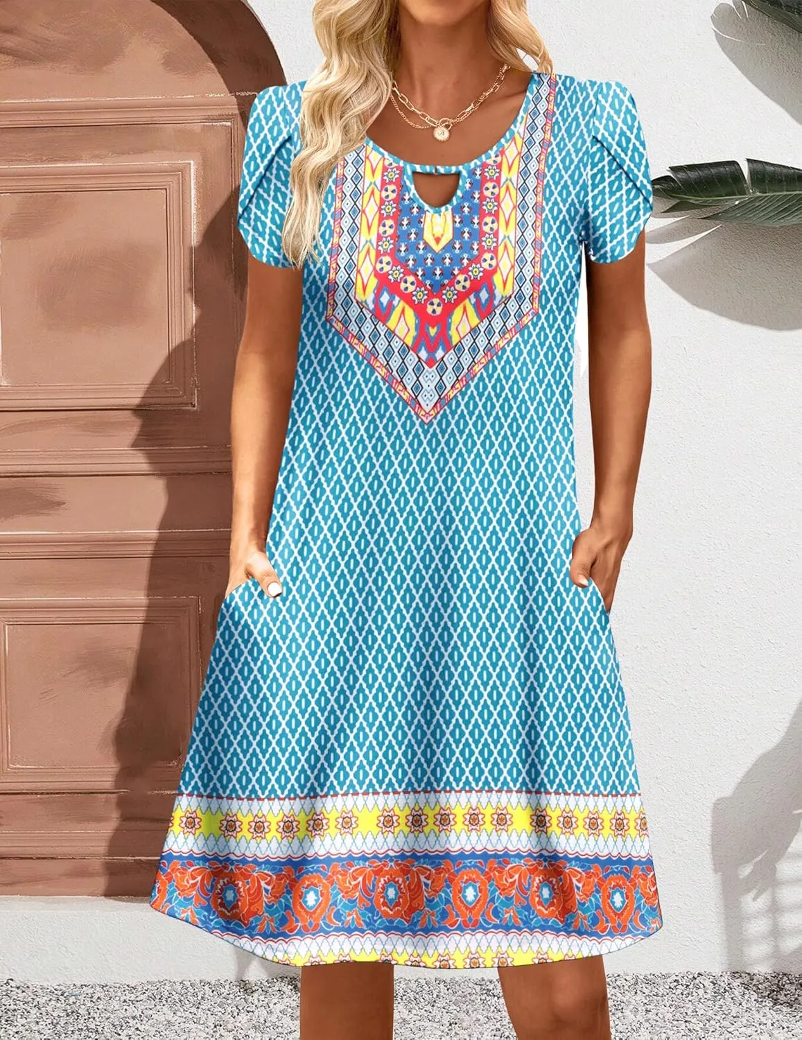 HOTOUCH Women's Casual A-Line Dress with Pockets Summer Beach Floral Tshirt Dress Short Sleeve Mini Dress Flowy Sundresses