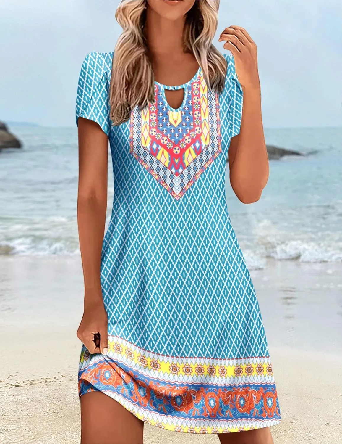 HOTOUCH Women's Casual A-Line Dress with Pockets Summer Beach Floral Tshirt Dress Short Sleeve Mini Dress Flowy Sundresses