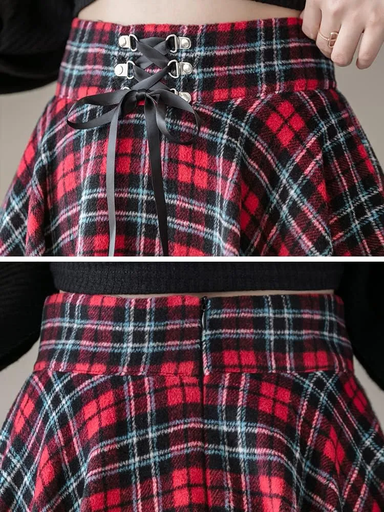 Kinghua Womens Warm Wool Plaid Mini Skirts High Waisted Lace Up Pleated Skater Skirts
