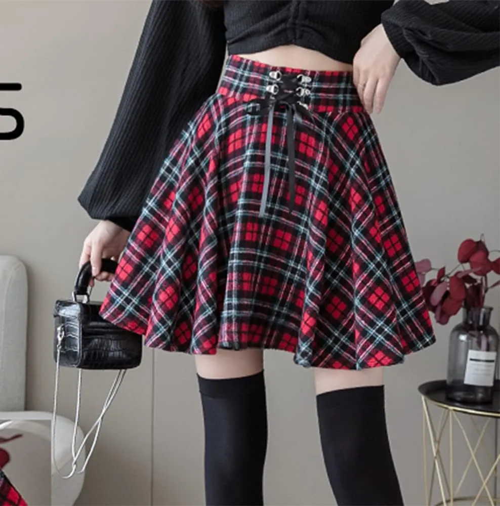 Kinghua Womens Warm Wool Plaid Mini Skirts High Waisted Lace Up Pleated Skater Skirts