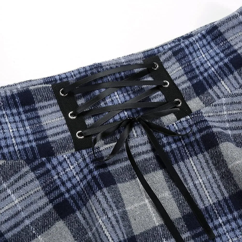 Kinghua Womens Warm Wool Plaid Mini Skirts High Waisted Lace Up Pleated Skater Skirts