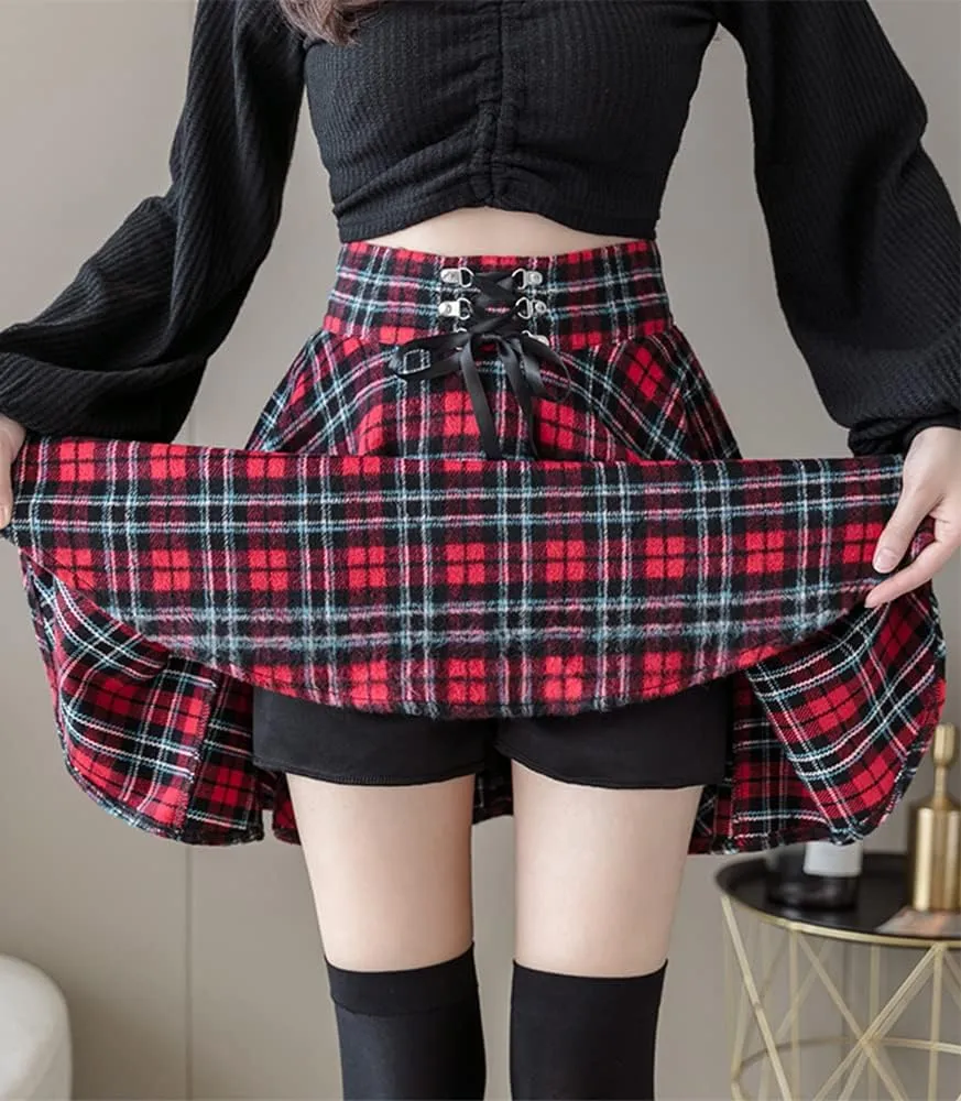 Kinghua Womens Warm Wool Plaid Mini Skirts High Waisted Lace Up Pleated Skater Skirts