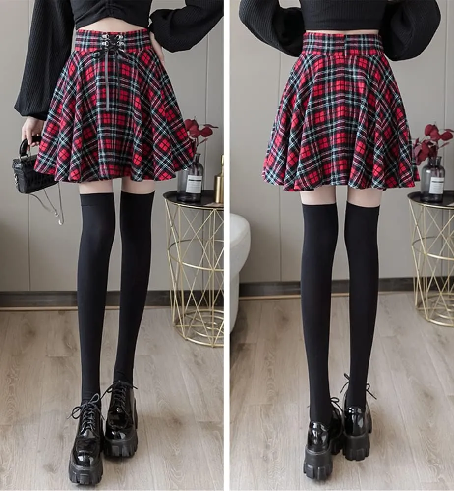 Kinghua Womens Warm Wool Plaid Mini Skirts High Waisted Lace Up Pleated Skater Skirts