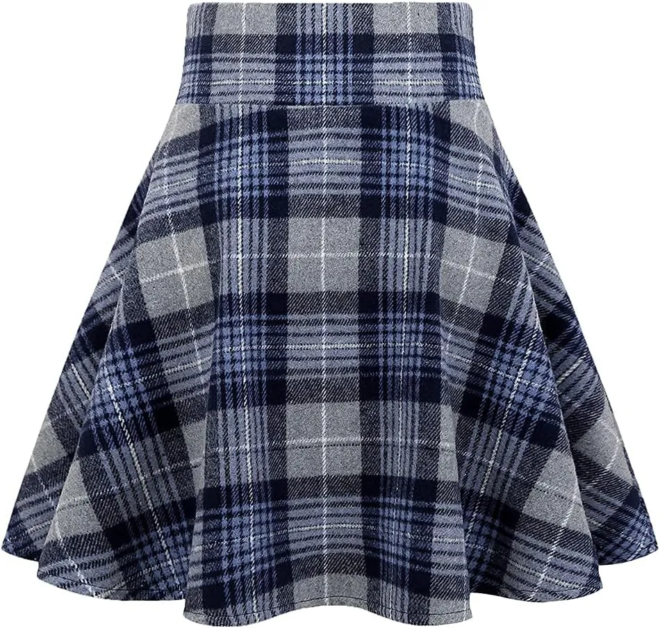 Kinghua Womens Warm Wool Plaid Mini Skirts High Waisted Lace Up Pleated Skater Skirts