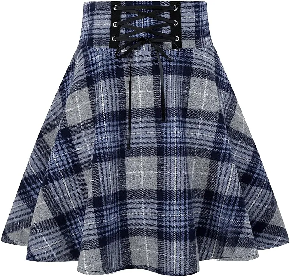 Kinghua Womens Warm Wool Plaid Mini Skirts High Waisted Lace Up Pleated Skater Skirts