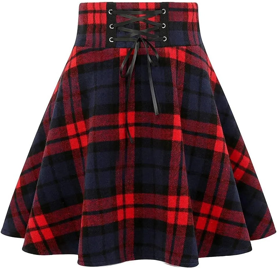 Kinghua Womens Warm Wool Plaid Mini Skirts High Waisted Lace Up Pleated Skater Skirts