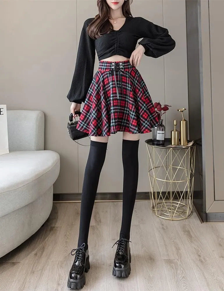 Kinghua Womens Warm Wool Plaid Mini Skirts High Waisted Lace Up Pleated Skater Skirts