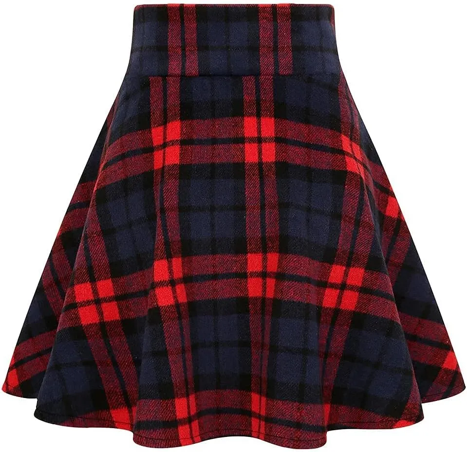 Kinghua Womens Warm Wool Plaid Mini Skirts High Waisted Lace Up Pleated Skater Skirts