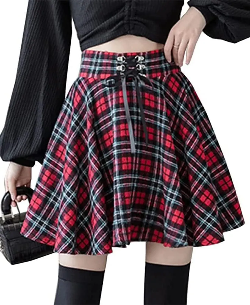 Kinghua Womens Warm Wool Plaid Mini Skirts High Waisted Lace Up Pleated Skater Skirts