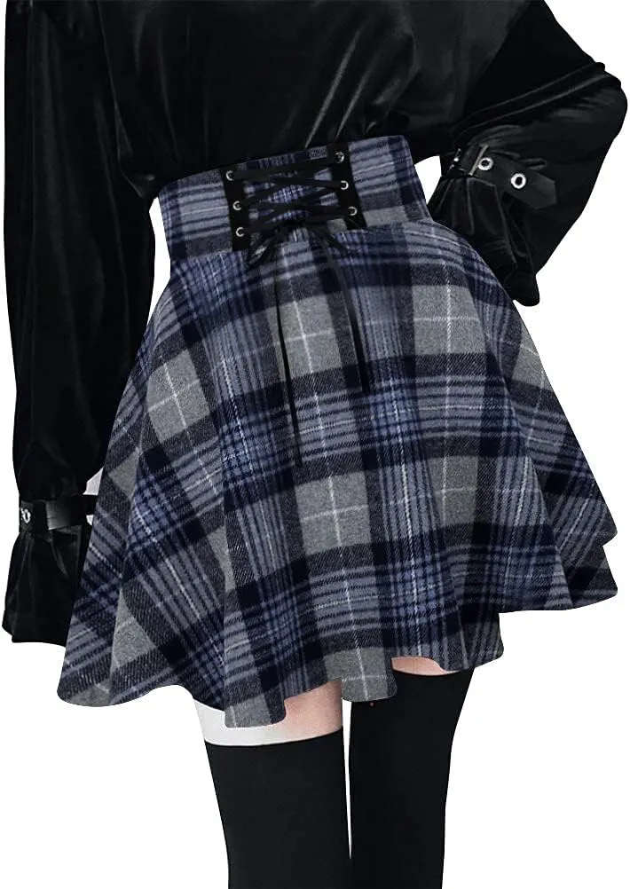 Kinghua Womens Warm Wool Plaid Mini Skirts High Waisted Lace Up Pleated Skater Skirts