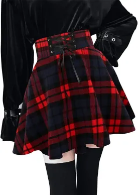 Kinghua Womens Warm Wool Plaid Mini Skirts High Waisted Lace Up Pleated Skater Skirts