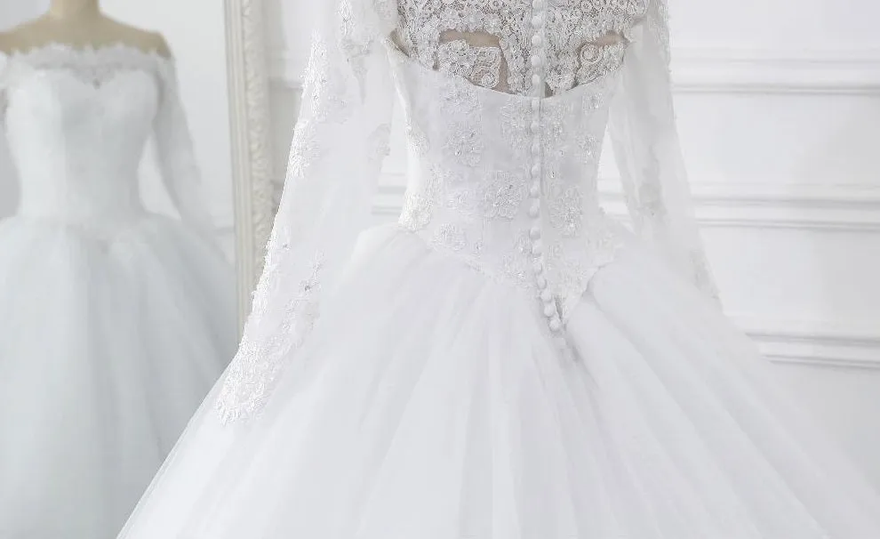 Lace Wedding Dress Long Sleeves Off Shoulder Tulle Puffy Bridal Gowns