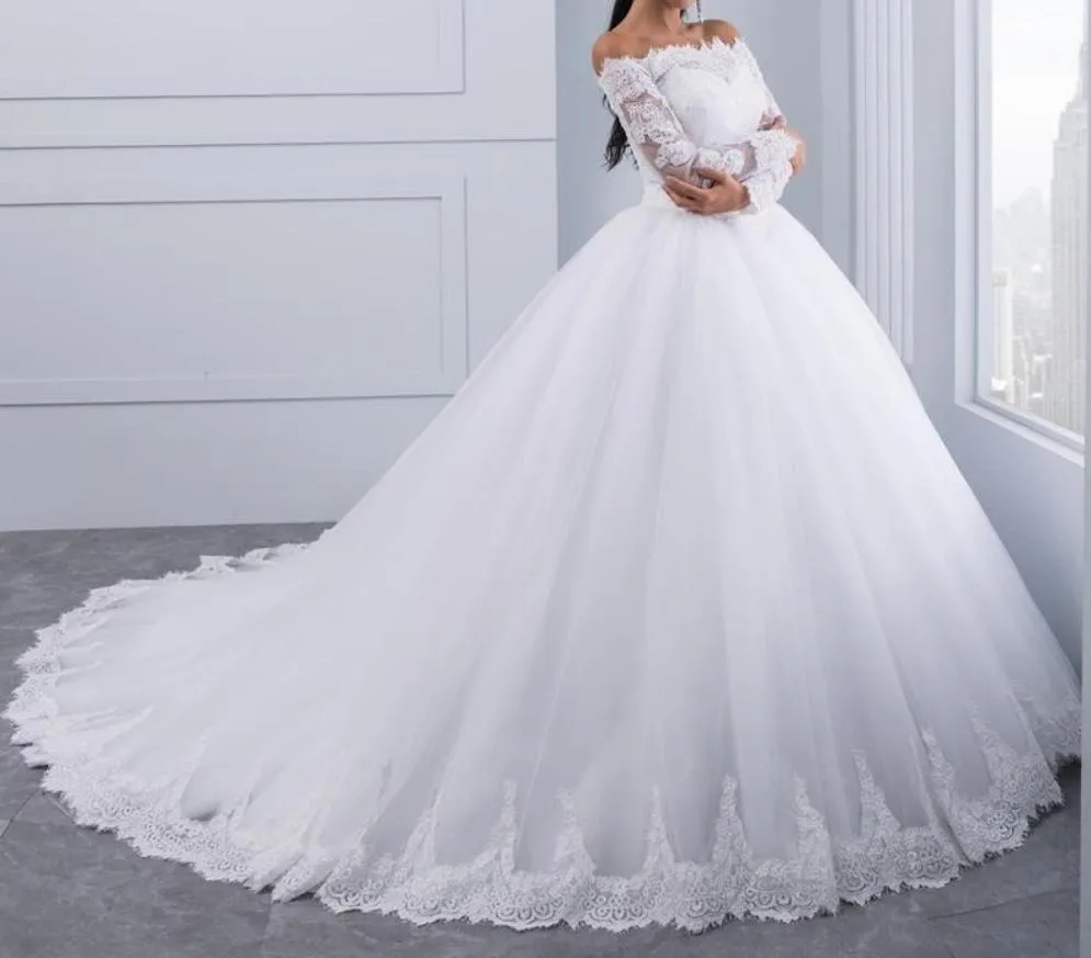 Lace Wedding Dress Long Sleeves Off Shoulder Tulle Puffy Bridal Gowns