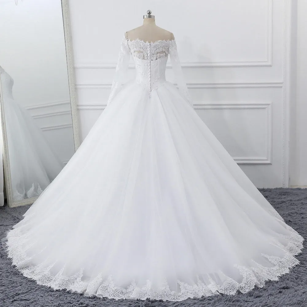 Lace Wedding Dress Long Sleeves Off Shoulder Tulle Puffy Bridal Gowns