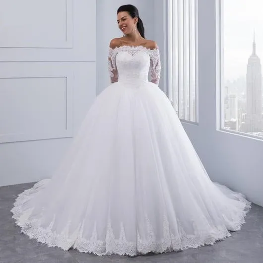 Lace Wedding Dress Long Sleeves Off Shoulder Tulle Puffy Bridal Gowns