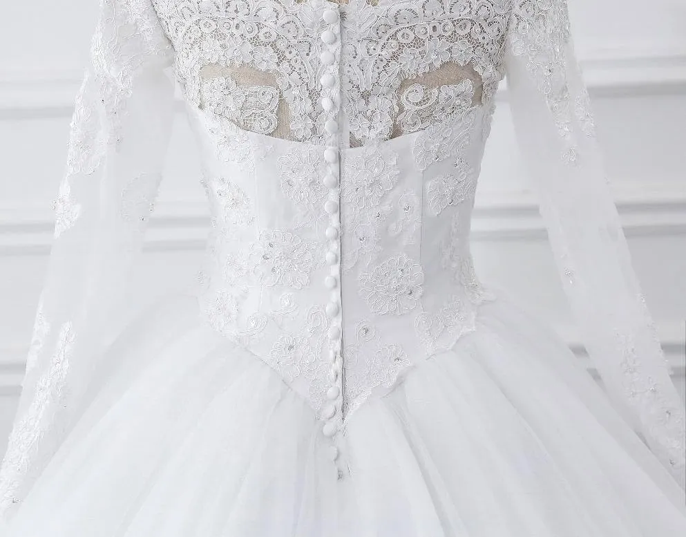 Lace Wedding Dress Long Sleeves Off Shoulder Tulle Puffy Bridal Gowns