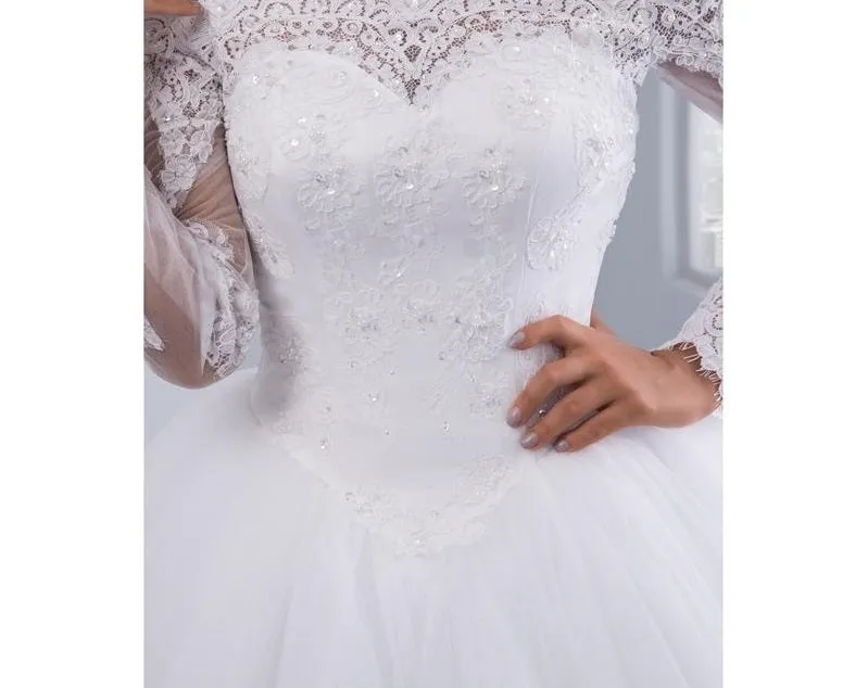 Lace Wedding Dress Long Sleeves Off Shoulder Tulle Puffy Bridal Gowns